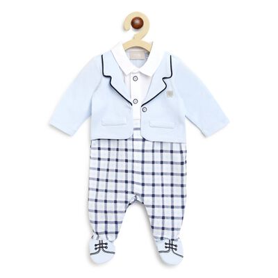 Boys Light Blue Checkered Front Opening Babysuit